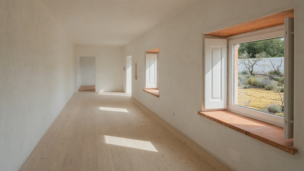 Interior com reboco claro, soalho de madeira e luz de janela